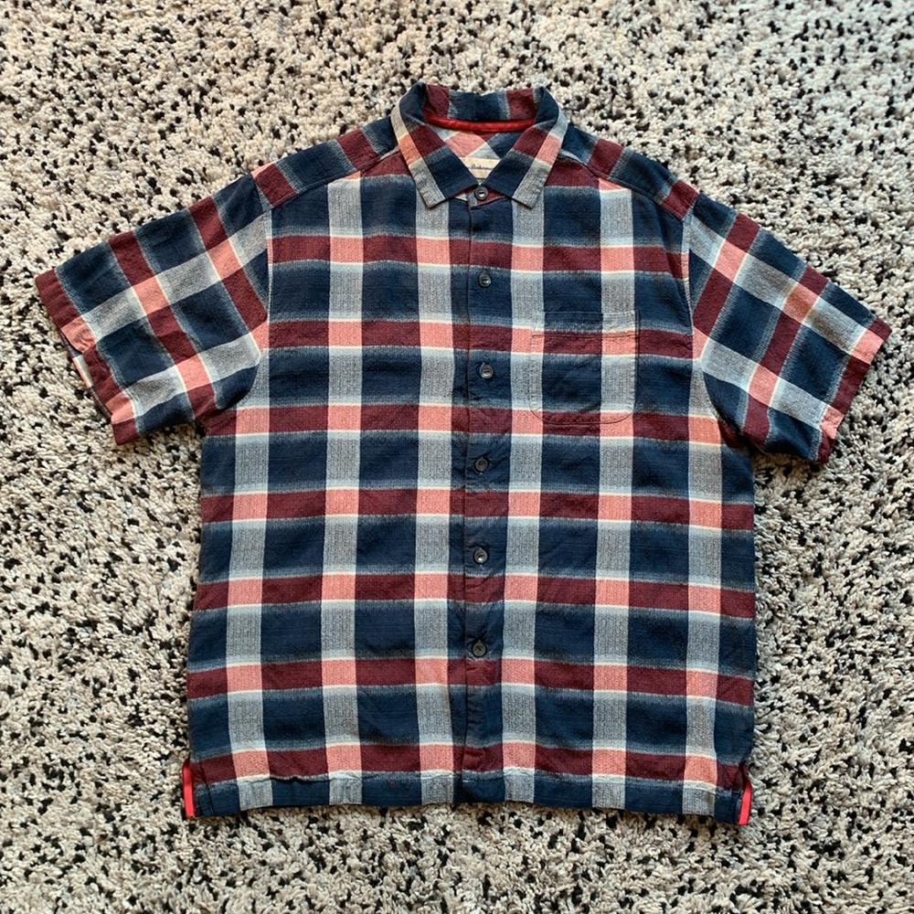 Tommy Bahama 100% Silk Shirt Blue Red Plaid Short Sleeve Button Up Men's Medium - Picture 4 of 15